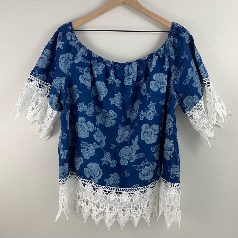 Taxi Blue Floral Cotton Cold-Shoulder Top